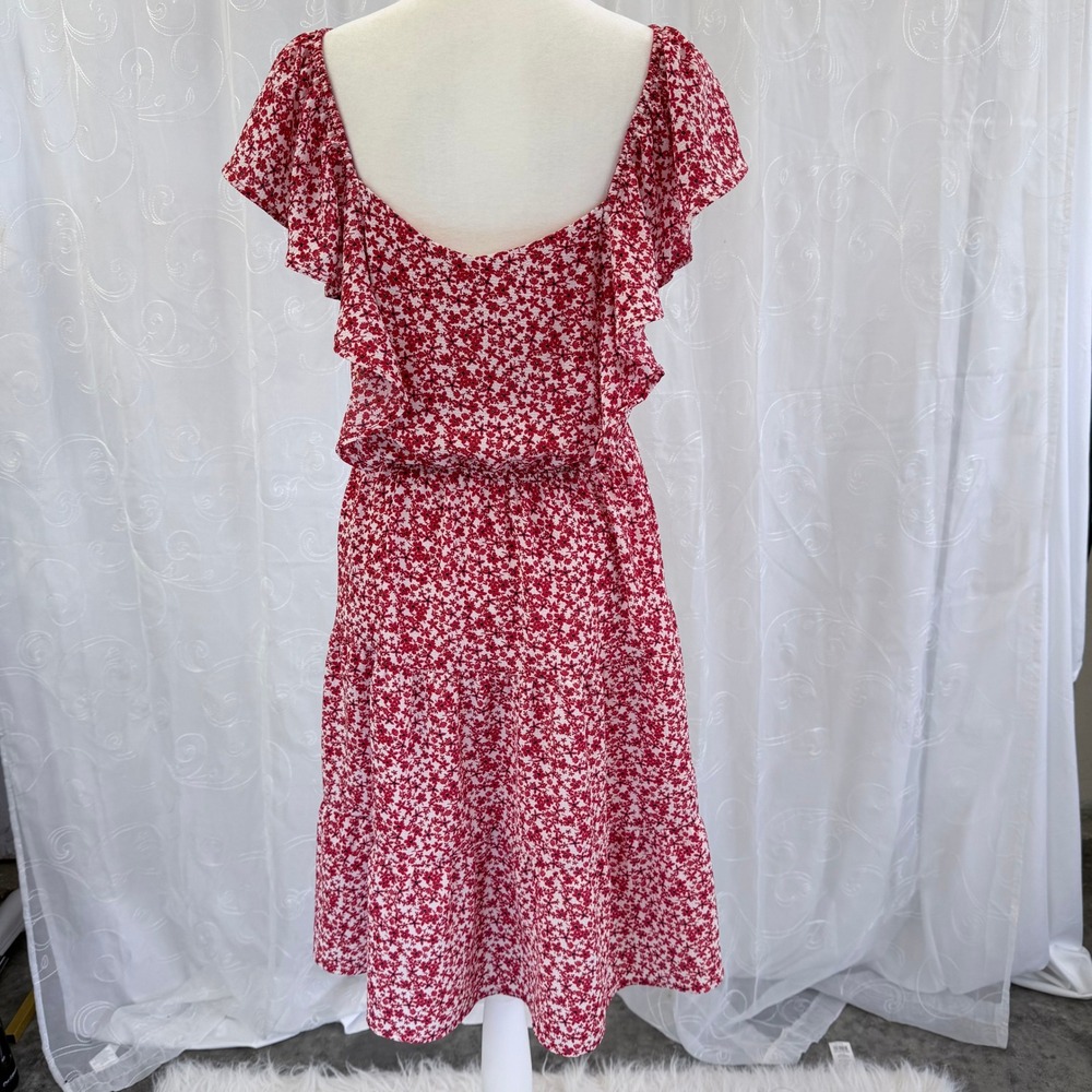 Monteau Los Angeles Red Floral Flutter Sleeve Tiered Midi Dress Small - Picture 3 of 7